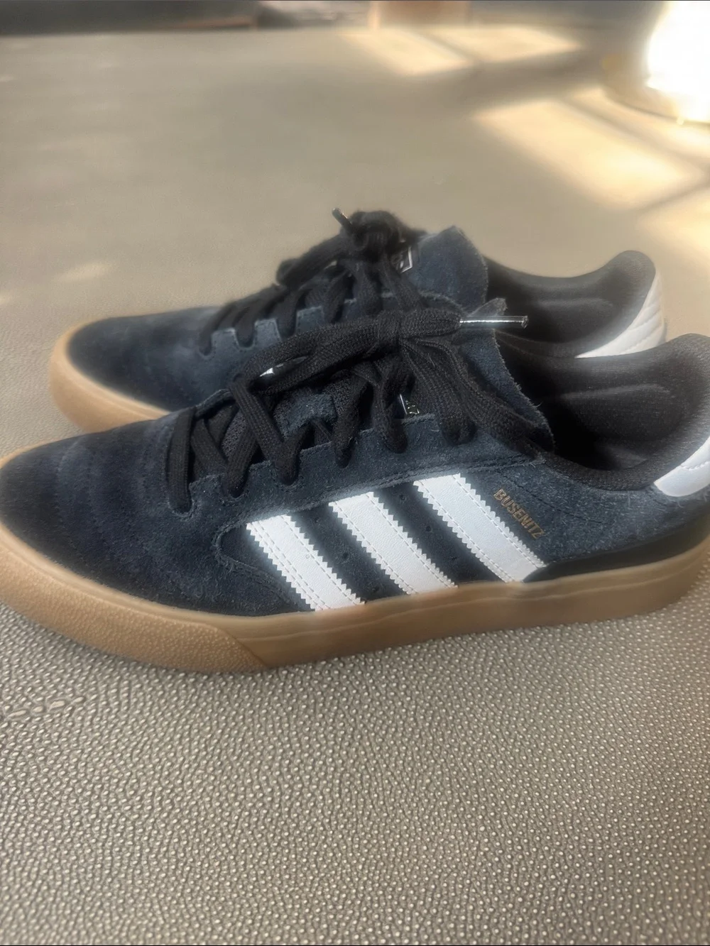 Men’s Adidas Busenitz Black Suede Sneakers with White Stripes and Gum Sole